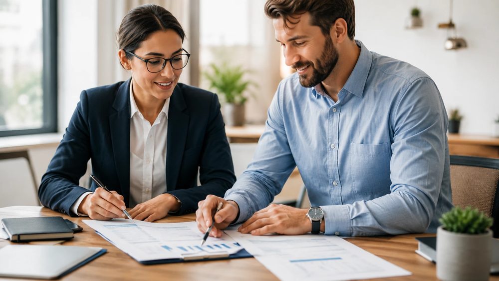 An advisor reviewing year-end figures with a business owner