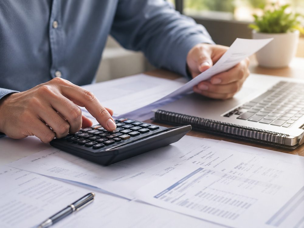 Tax documents, a calculator and a laptop on a desk